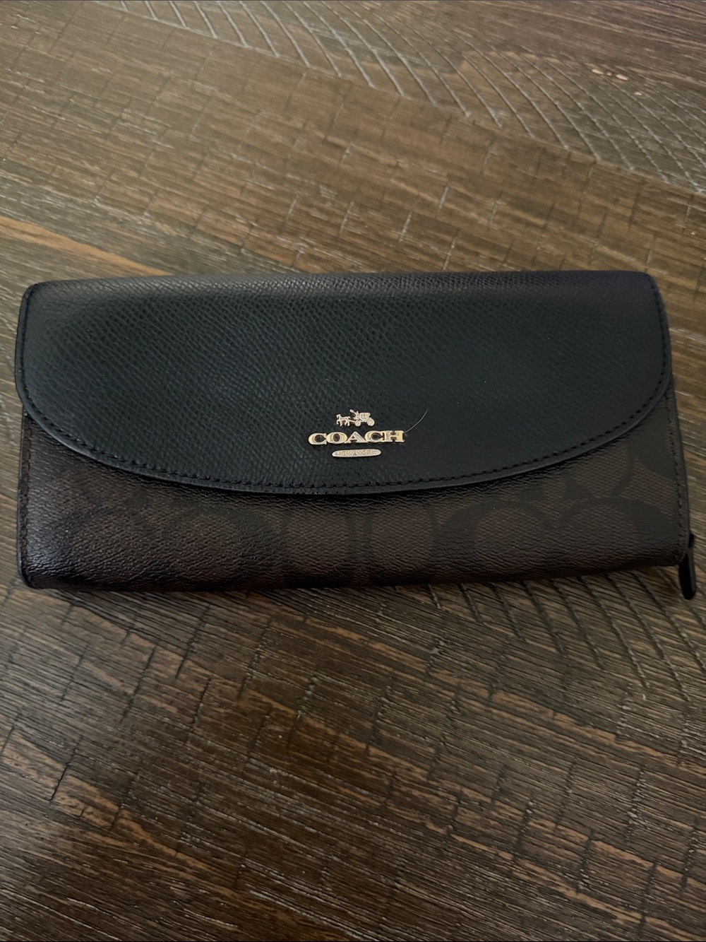Coach Black and Brown Signature Continental Wallet with Gold Logo